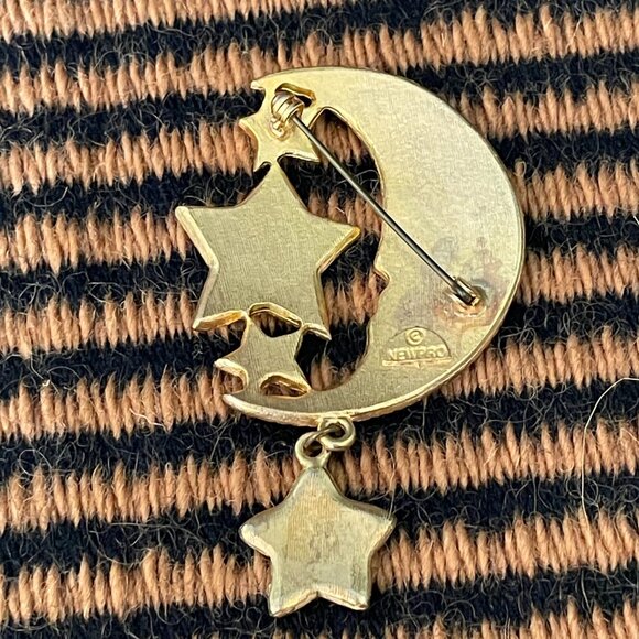 Vintage Newpro Crescent Moon and Stars Gold Tone and Glitter Brooch Pin - Picture 3 of 5